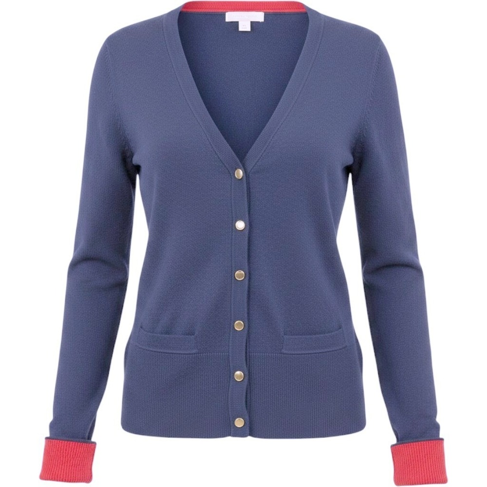 Banana Republic Navy Blue V-Neck Cardigan Gold Buttons Red Cuffs Small‎